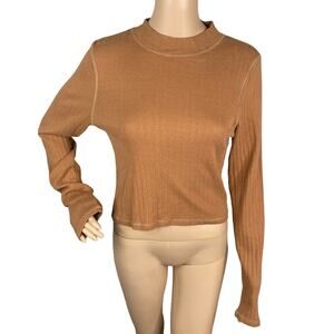 American Eagle Pointelle Mock Neck Top L Tan Brown Ribbed Long Sleeve Cropped